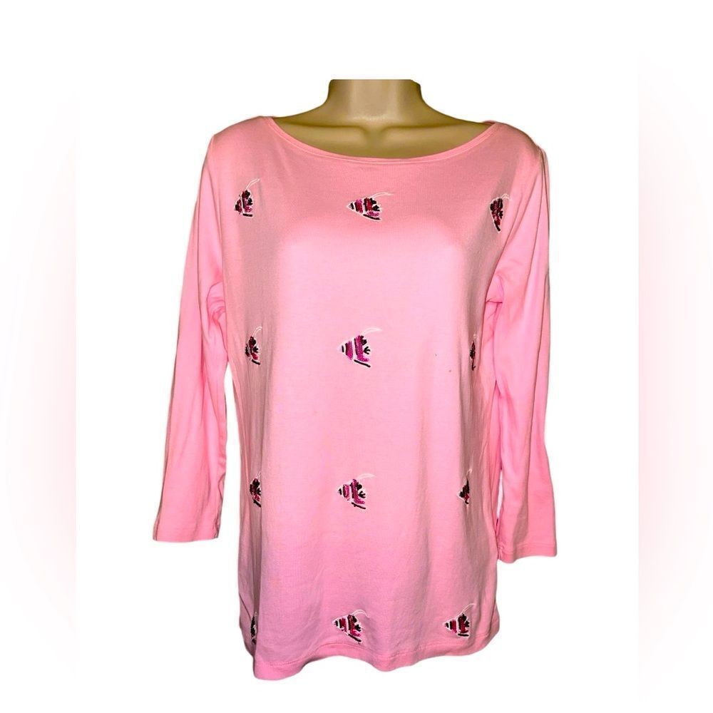 TALBOTS TEE  S Like New Embroidery Little Fishes pink Long Sleeve Lightweight